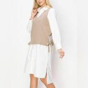WHEMA WOVEN SHIRT DRESS DETACHABLE SWEATER KNITTED VEST Long Sleeve New 1X